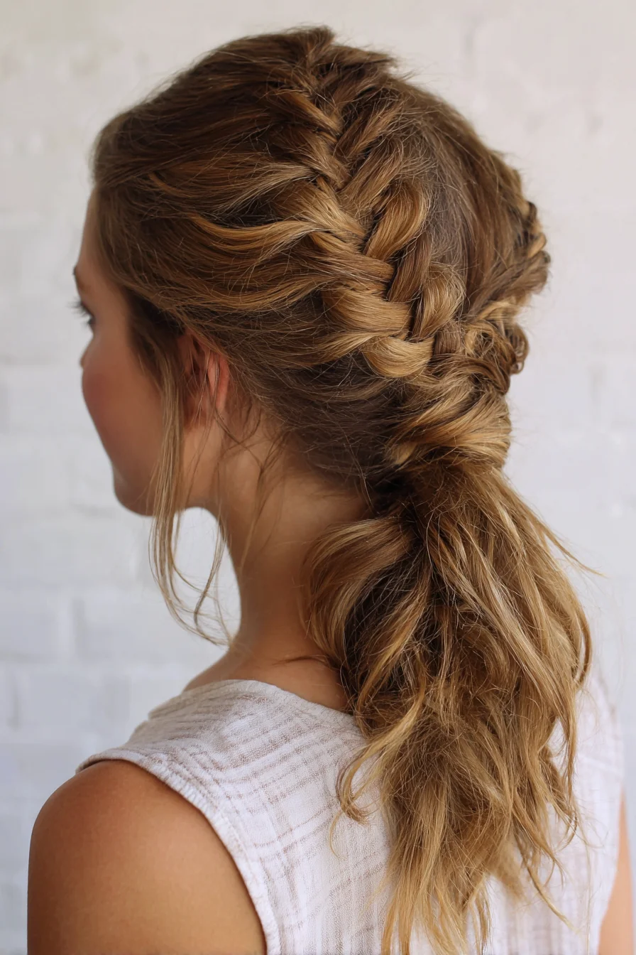 Textured Dutch Braid into Low Ponytail with Loose Waves