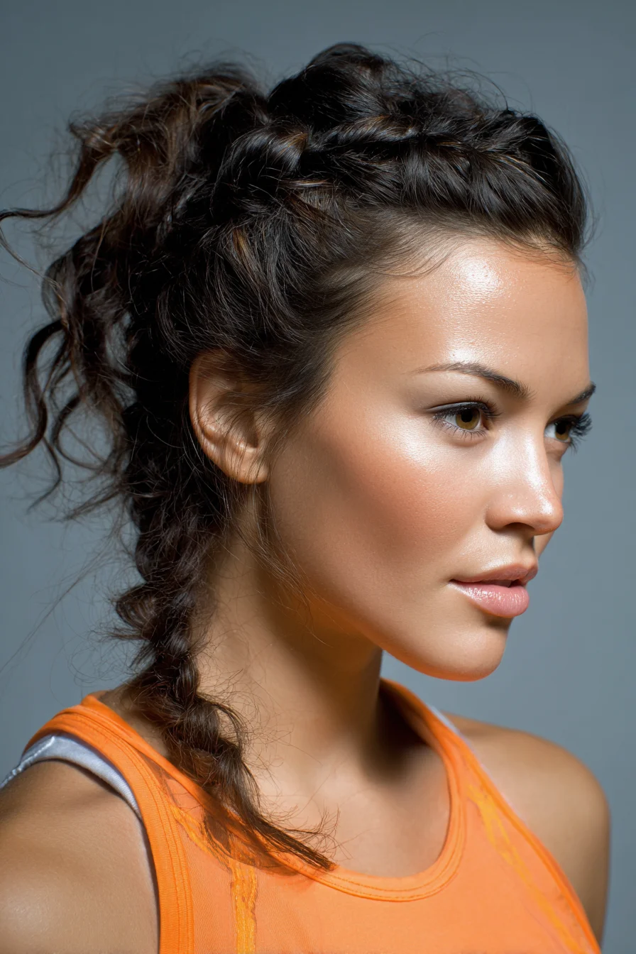 Textured Dutch Braid into Messy Ponytail — Braided Updo for Curly/Wavy Hair