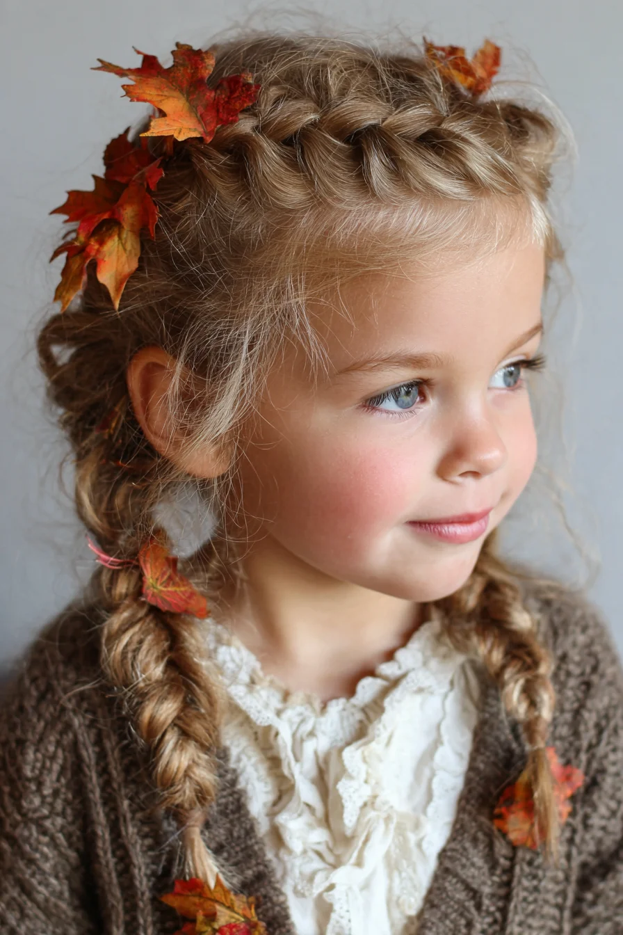 Textured Dutch Crown Braids into Loose Pigtails with Autumn Accent