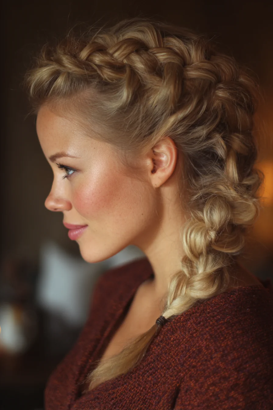 Textured Dutch Crown into Loose Side Braid — Braided Updo for Medium to Long Hair