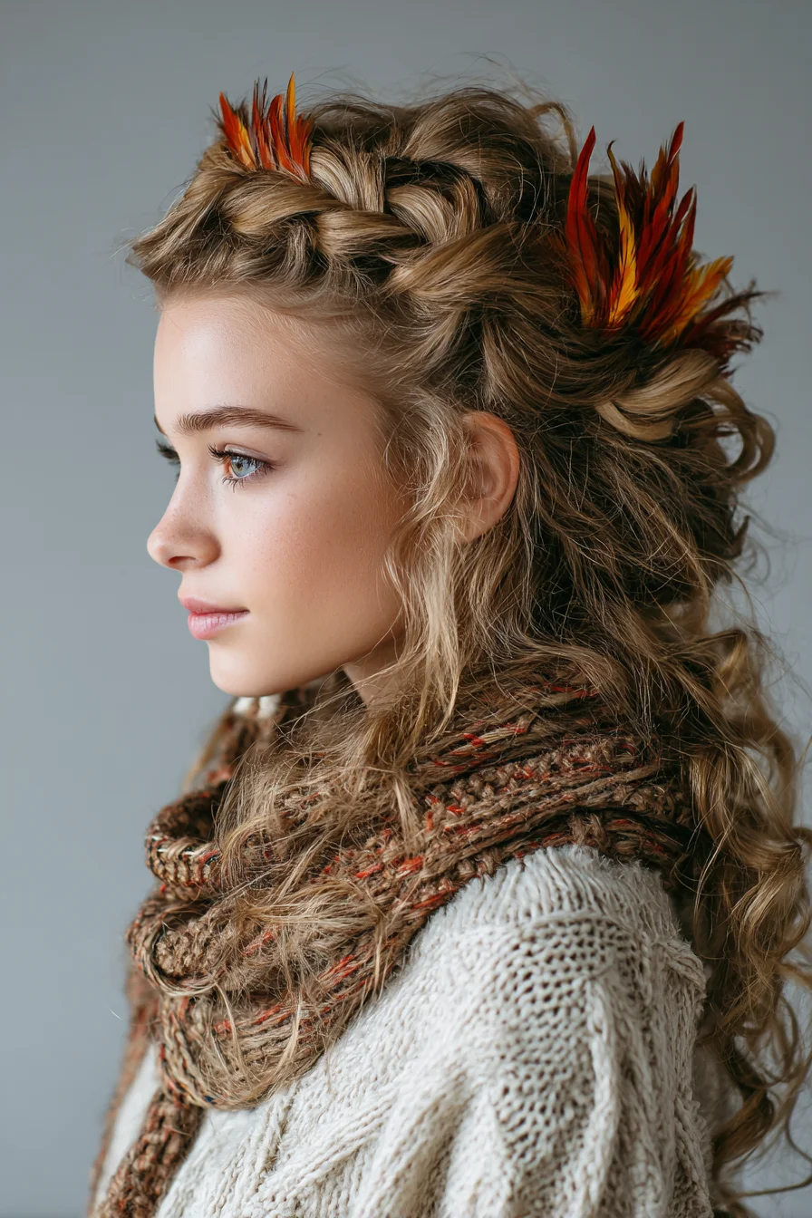 Textured Half-Up Braided Crown with Loose Curls and Feather Accents