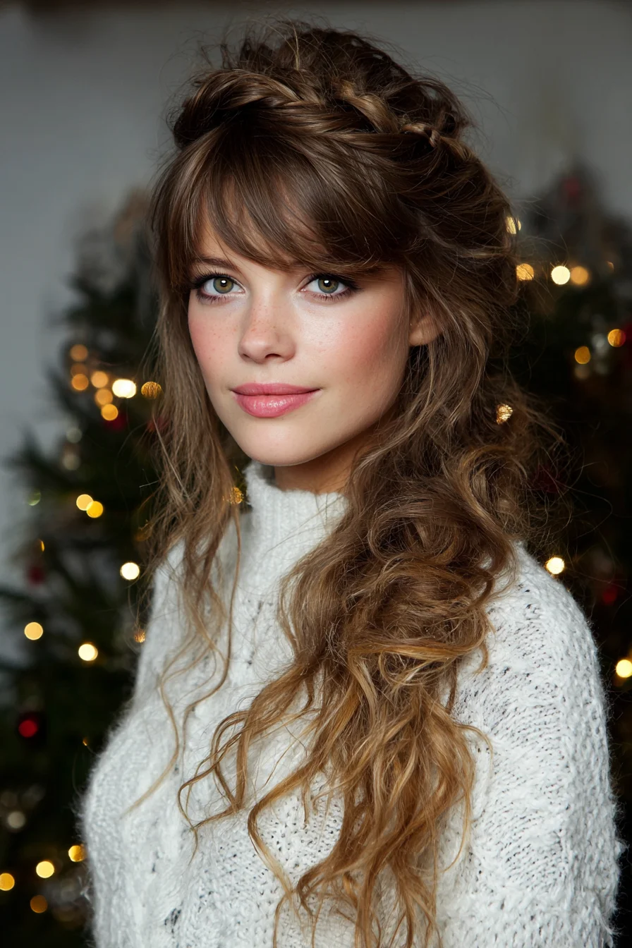 Textured Half-Up Side Braid with Soft Waves and Curtain Bangs