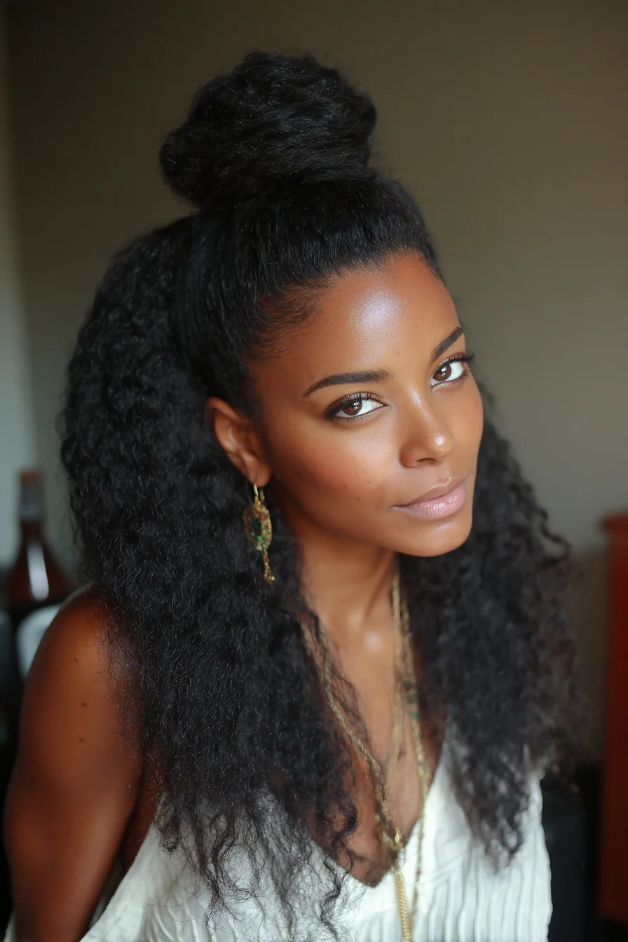 Textured Half-Up Top Knot with Voluminous Natural Curls