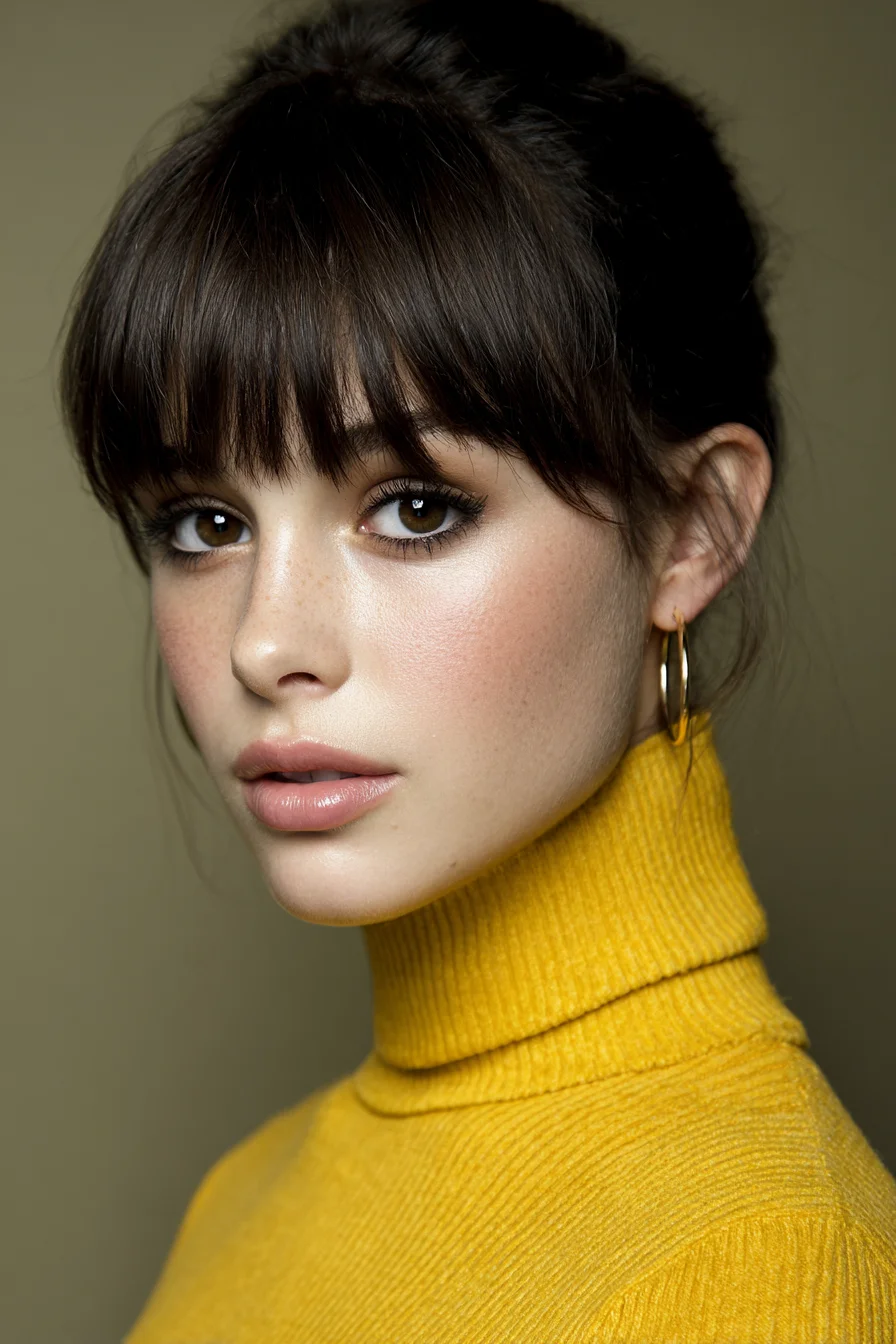 Textured High Bun with Blunt Fringe and Face‑Framing Pieces