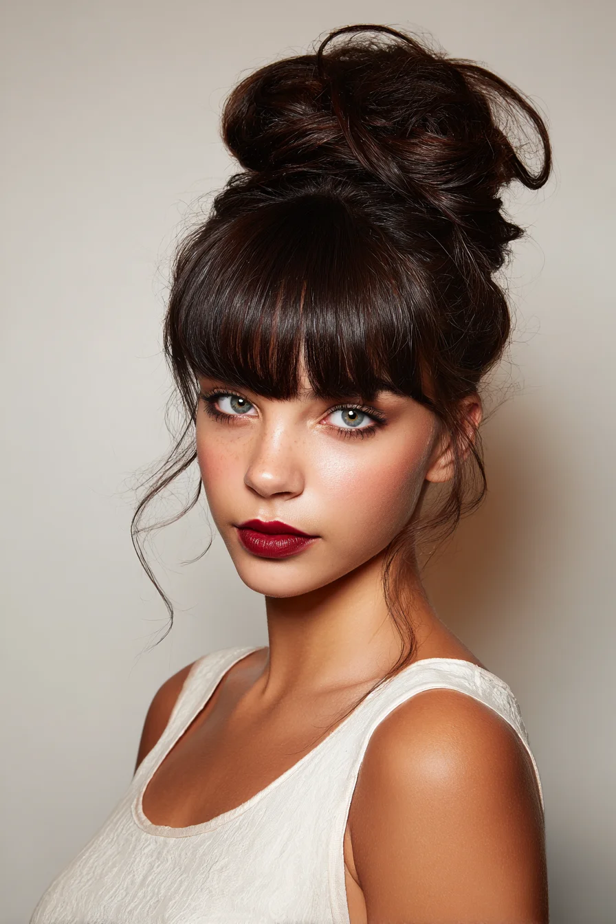 Textured High Messy Bun with Blunt Bangs — Voluminous Updo for Medium to Thick Hair