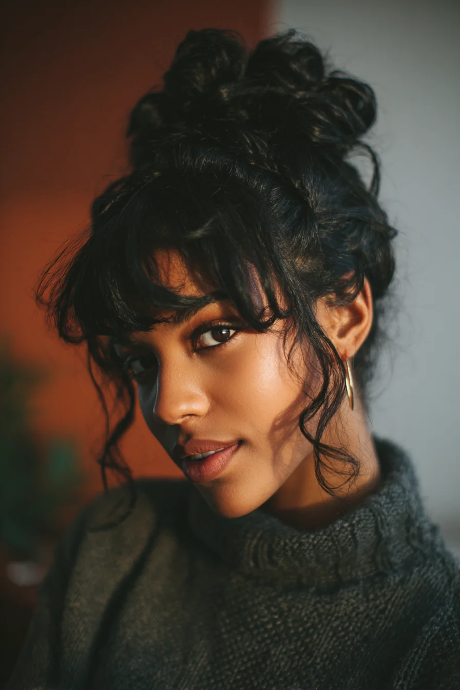 Textured High Messy Bun with Curly Face‑Framing Bangs