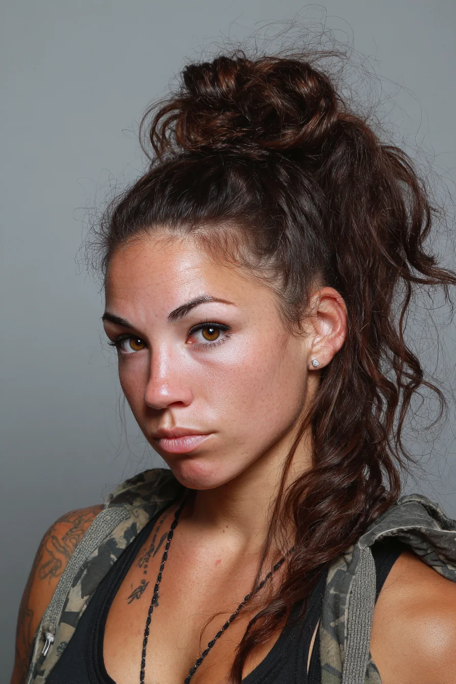 Textured High Messy Bun with Loose Curly Ponytail