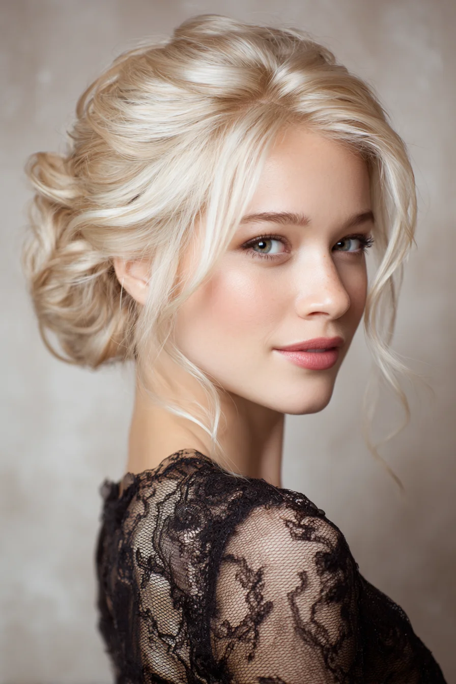 Textured Low Chignon with Soft Face‑Framing Tendrils