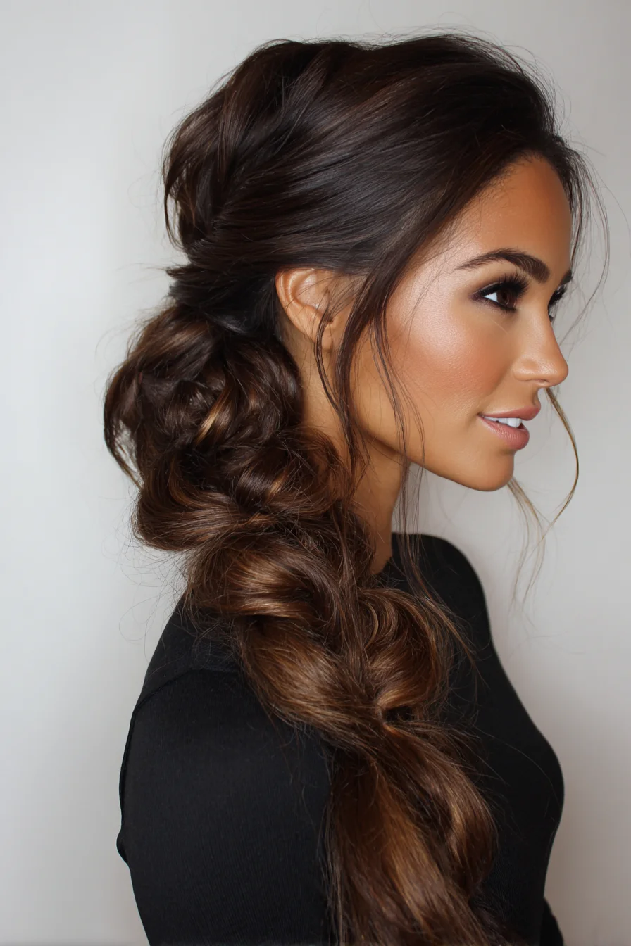 Textured Low Side Bubble Braid with Face‑Framing Tendrils