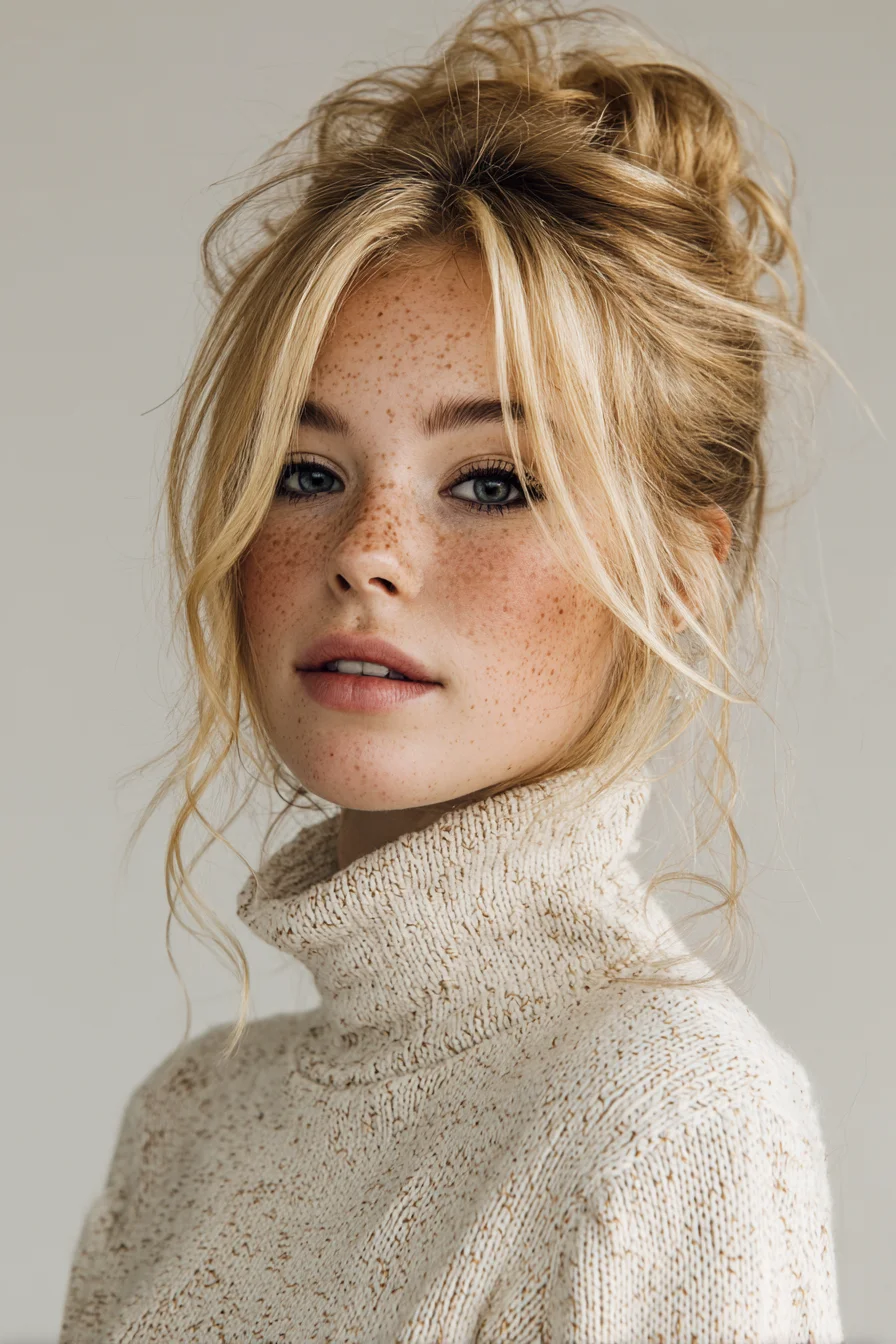 Textured Messy Top Knot with Face‑Framing Curtain Bangs