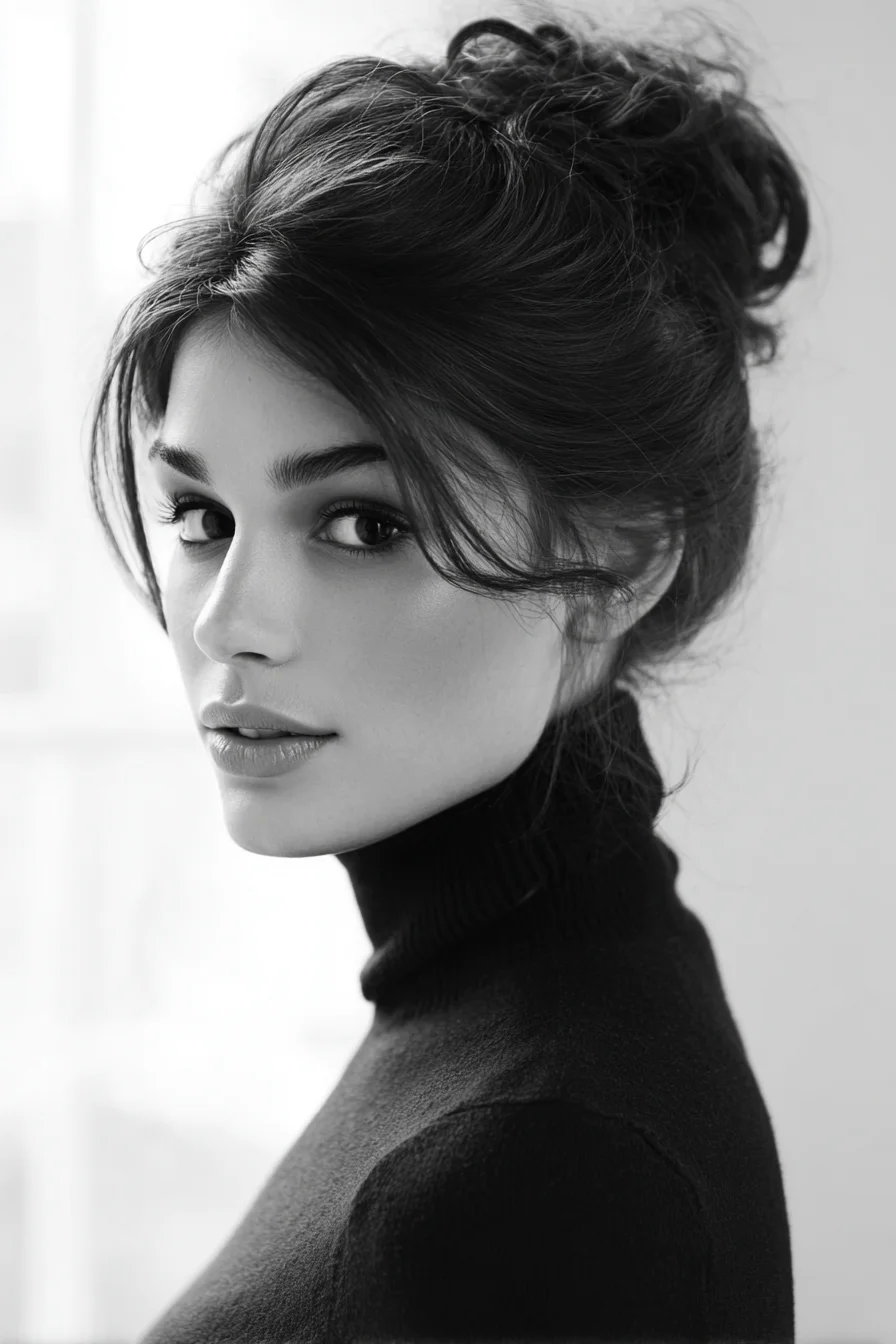 Textured Messy Top Knot with Soft Face‑Framing Tendrils