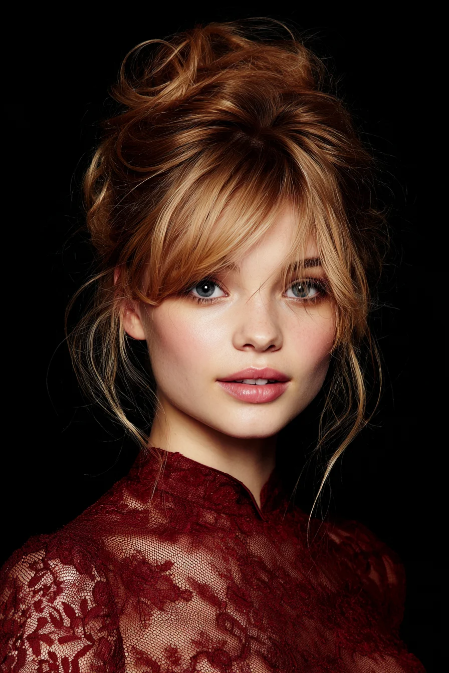Textured Messy Updo with Curtain Bangs and Face‑Framing Tendrils
