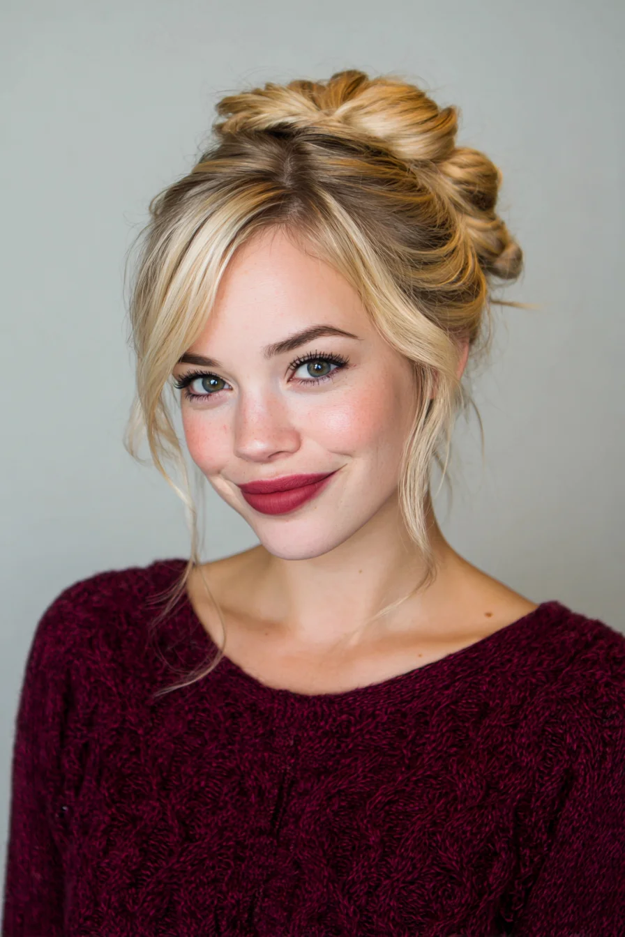 Textured Messy Updo with Soft Face‑Framing Tendrils