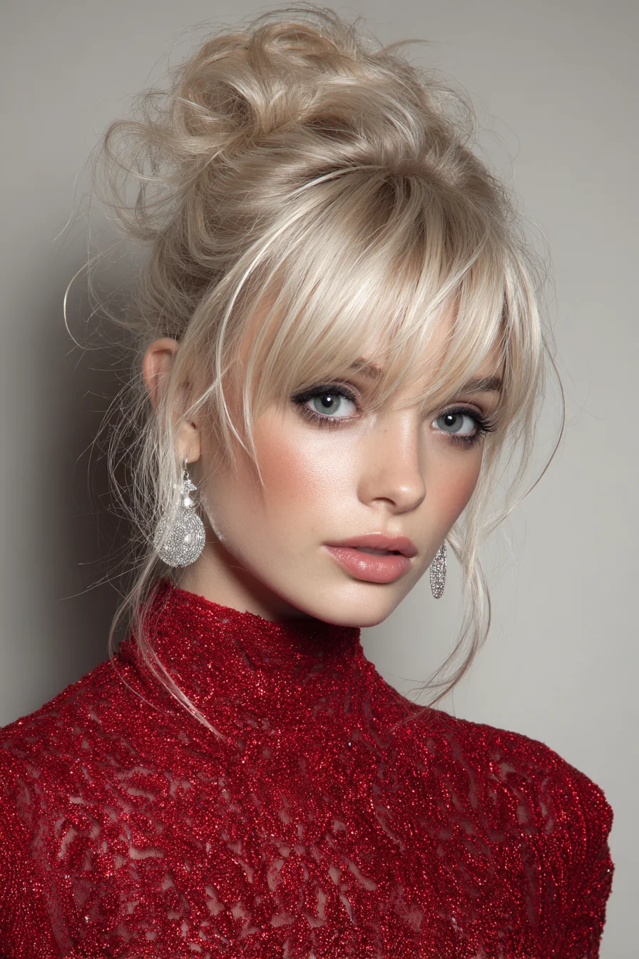 Textured Messy Updo with Wispy Curtain Bangs