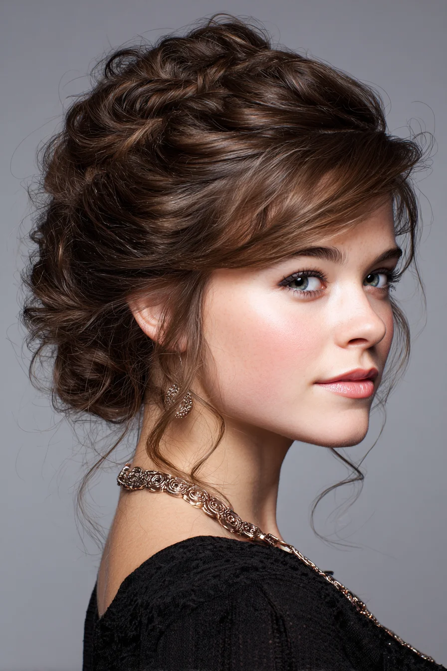 Textured Romantic Low Updo with Face-Framing Tendrils