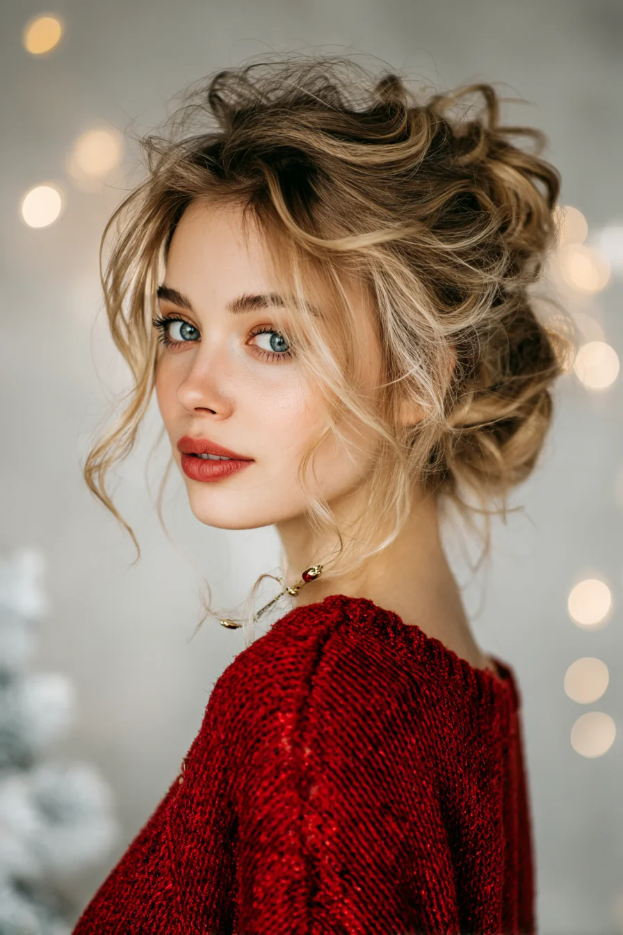 Textured Romantic Messy Updo with Face‑Framing Tendrils