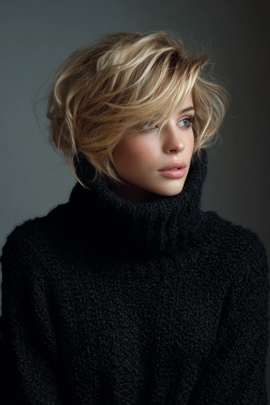 Textured Short Layered Bob with Side-Swept Fringe