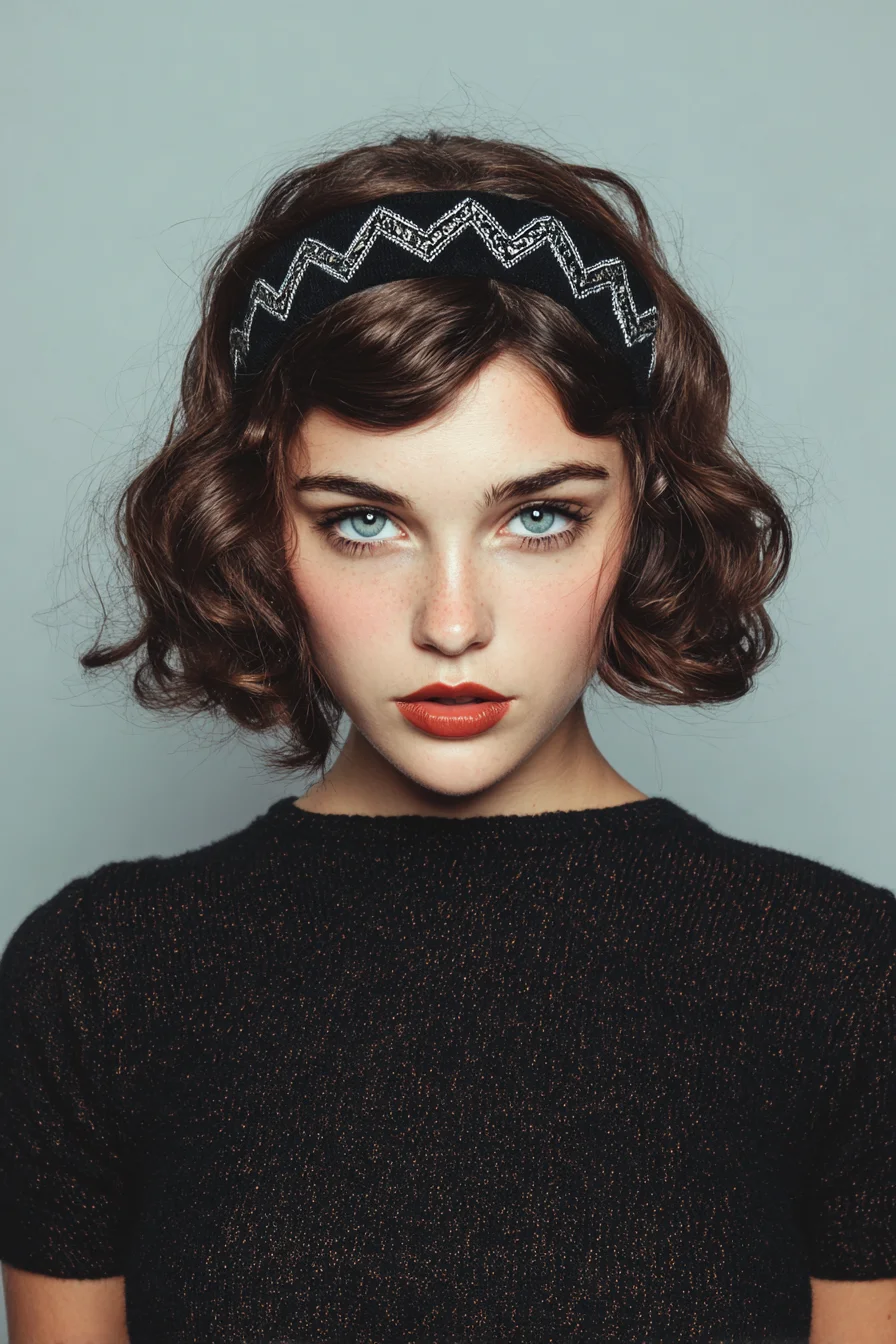Textured Short Wavy Bob with Padded Headband Accent