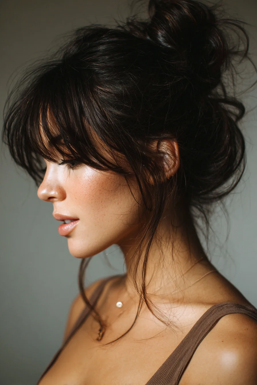 Textured Top Knot with Curtain Bangs – Messy Chic Updo for Medium to Thick Hair