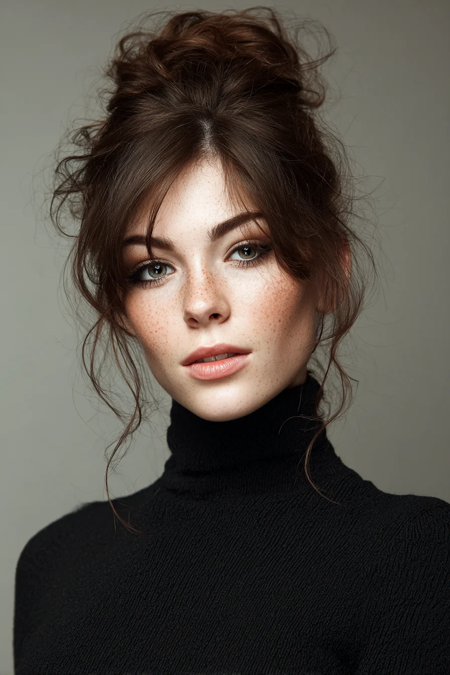 Textured Tousled High Bun with Face‑Framing Tendrils