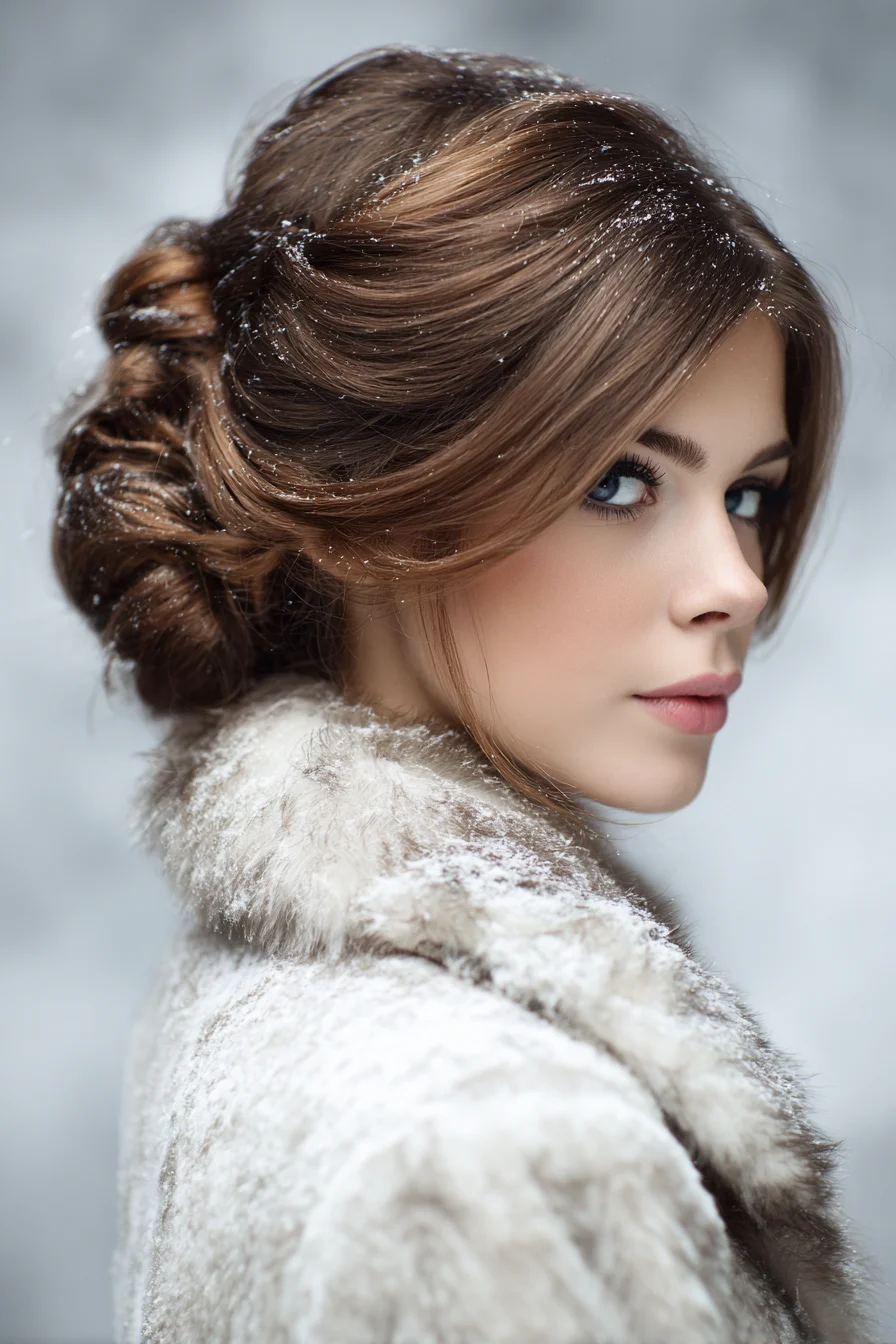 Textured Voluminous Low Chignon Updo with Side-Swept Fringe