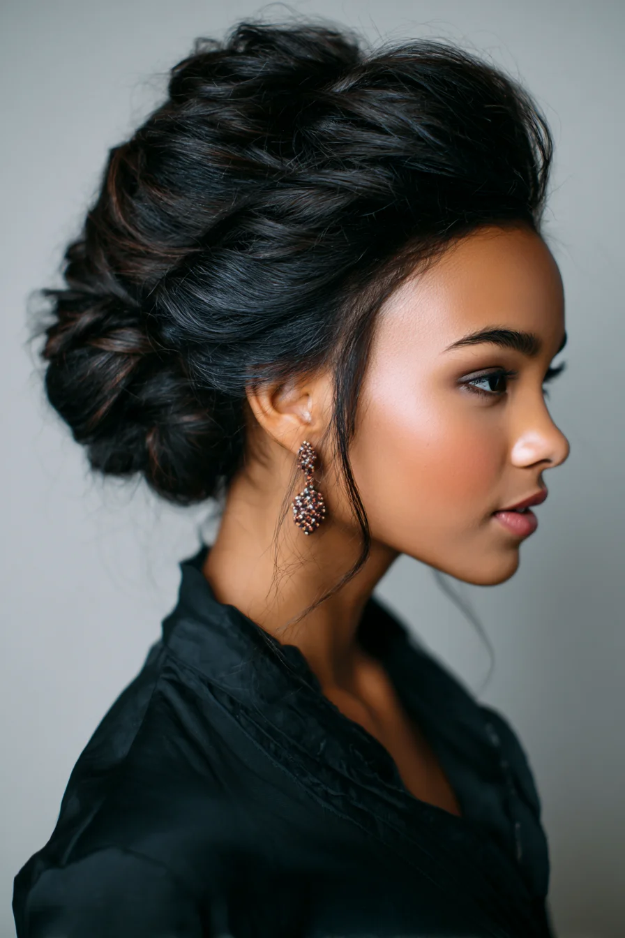 Textured Voluminous Twisted Low Updo with Face‑Framing Tendrils