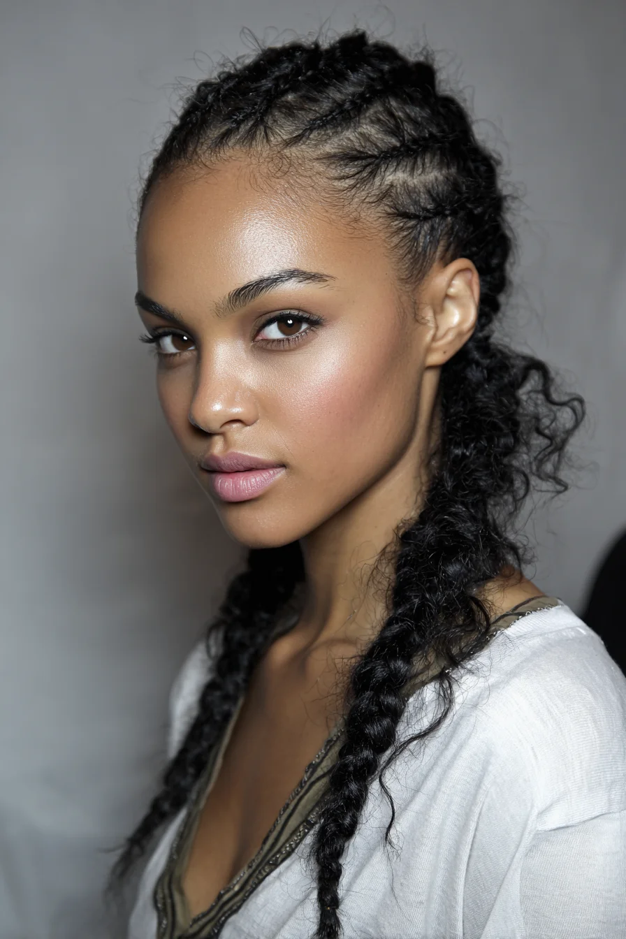 Tight Cornrows Into Two Textured Braids for Natural Curly Hair