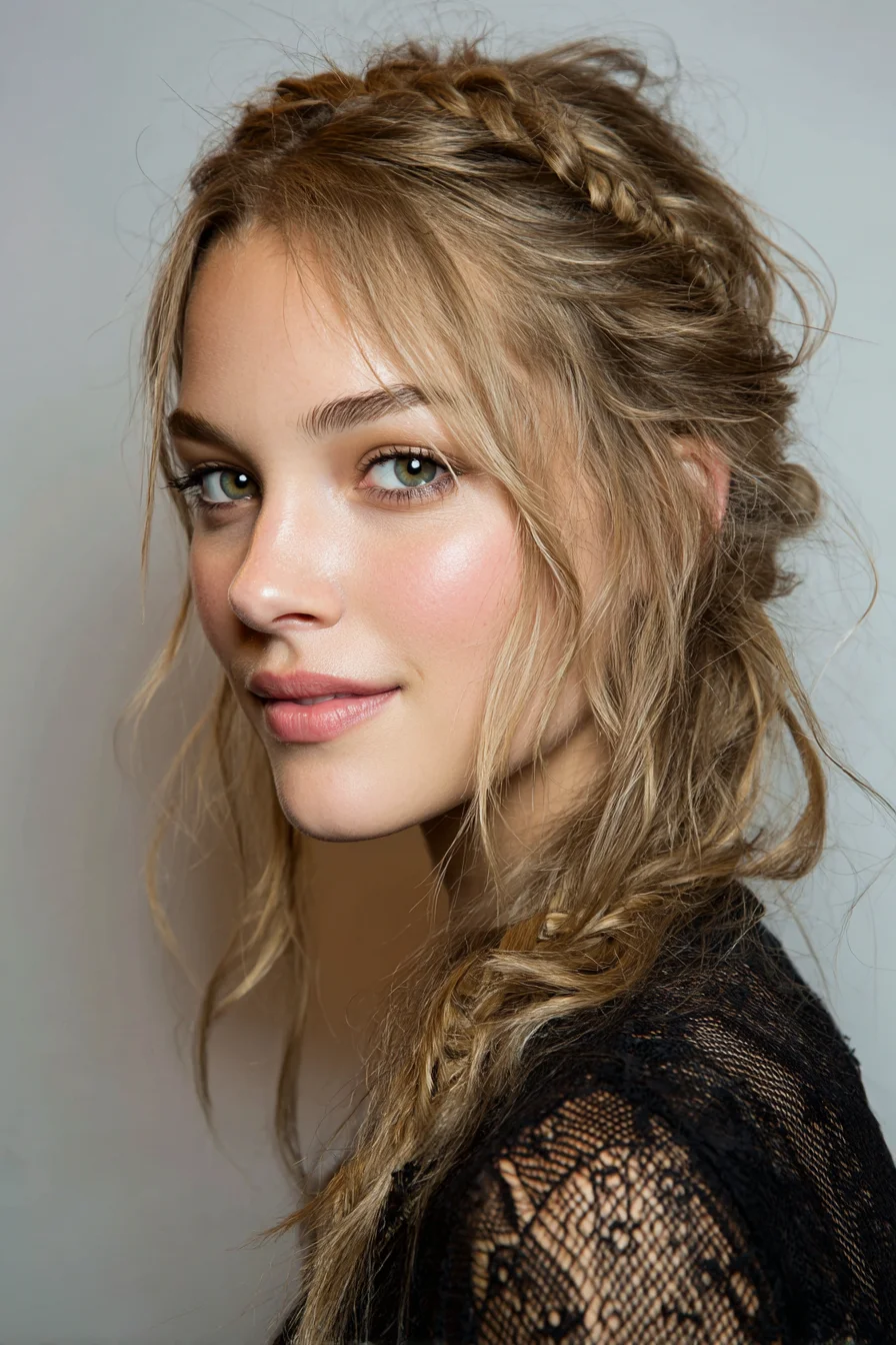 Tousled Braided Updo with Face‑Framing Tendrils