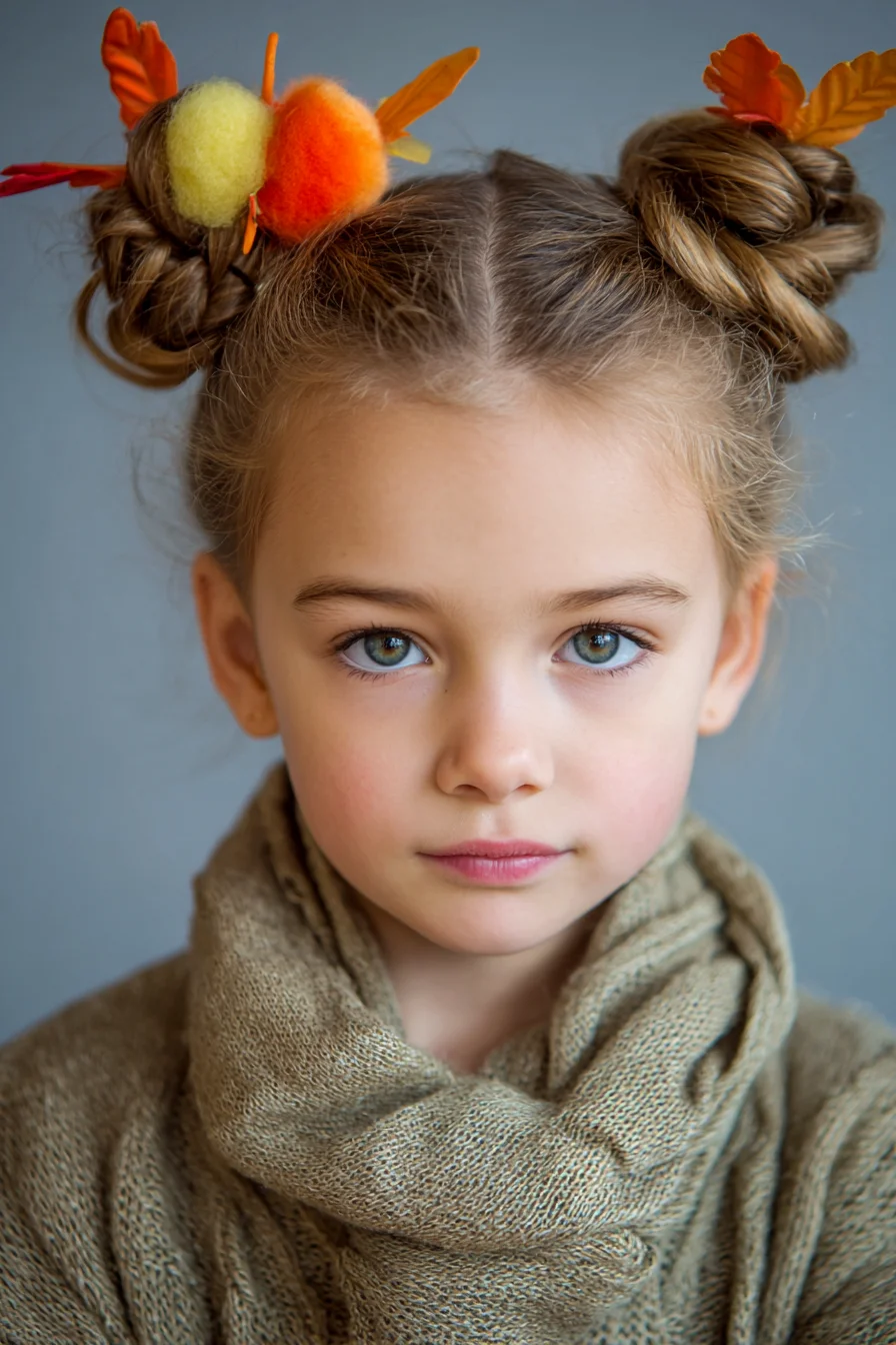 Twisted Double Space Buns with Autumn Pom-Pom & Leaf Accessories