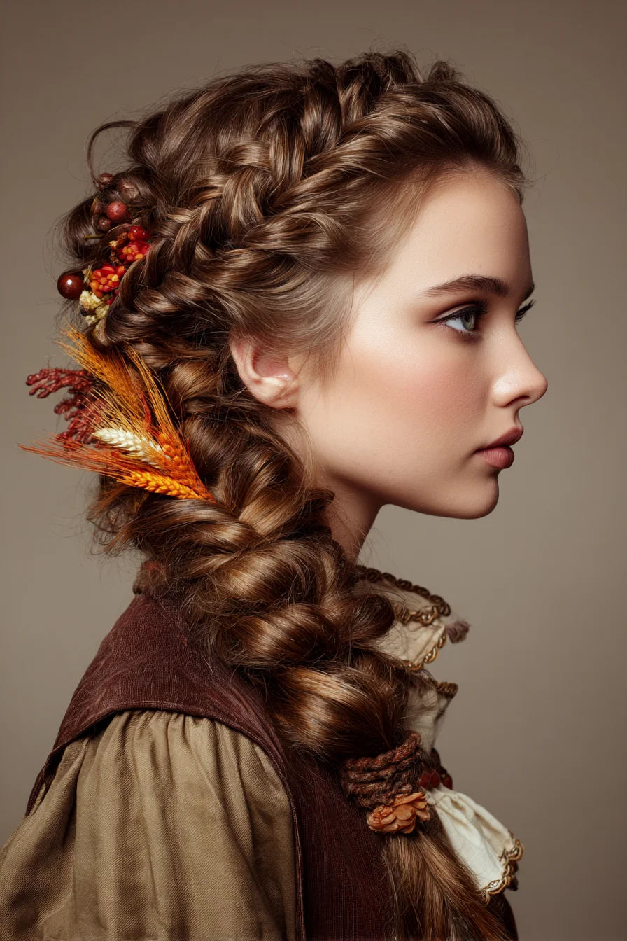Voluminous Boho Dutch-French Braided Side Braid with Floral Accents