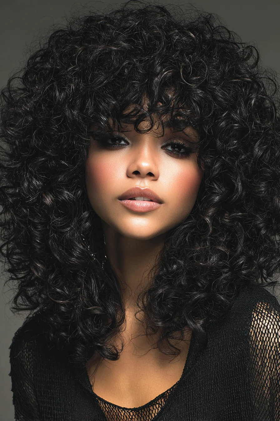 Voluminous Curly Shag with Curly Fringe (Layered Medium-Length Curls)