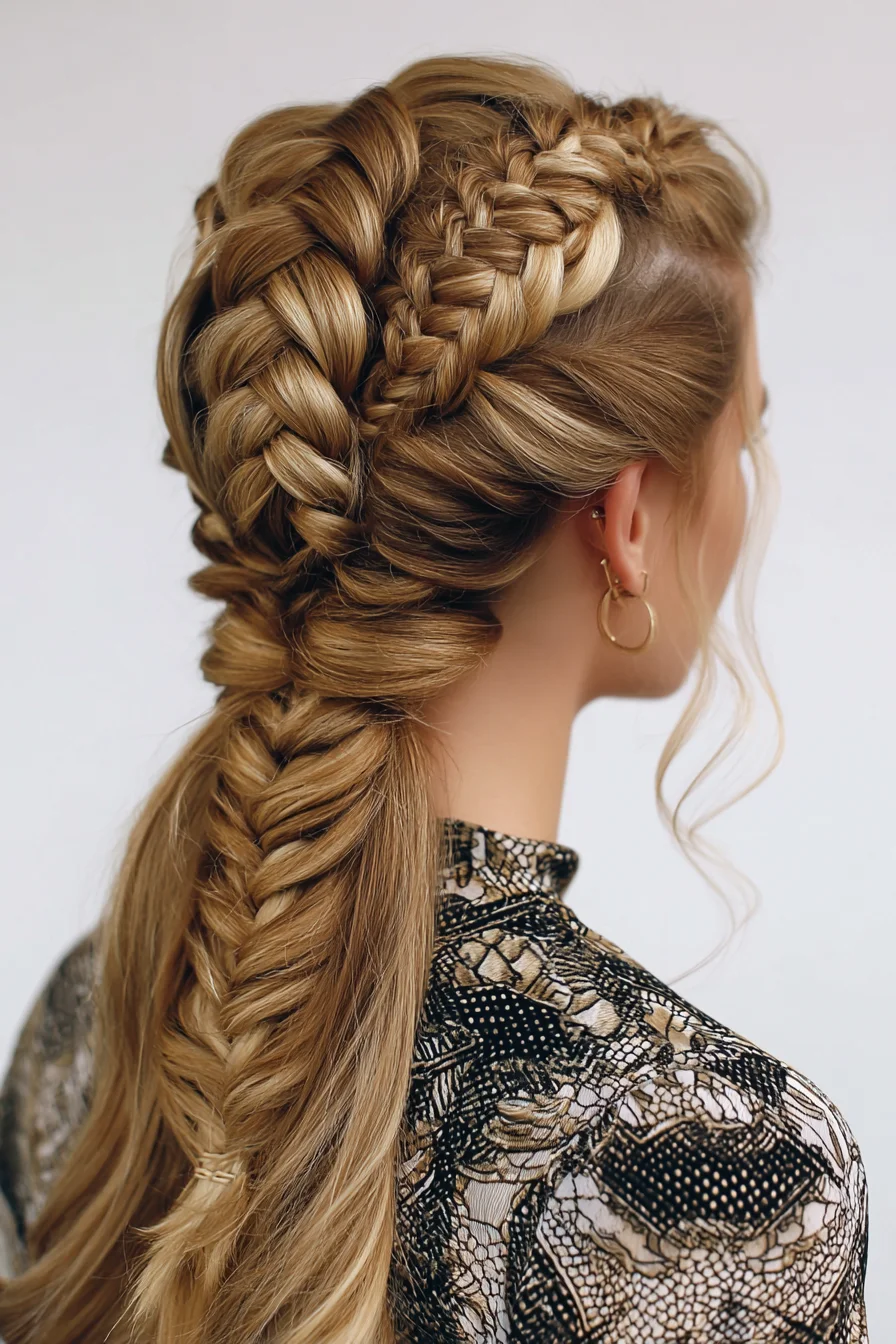Voluminous Dutch & Fishtail Braided Ponytail with Face‑Framing Tendrils