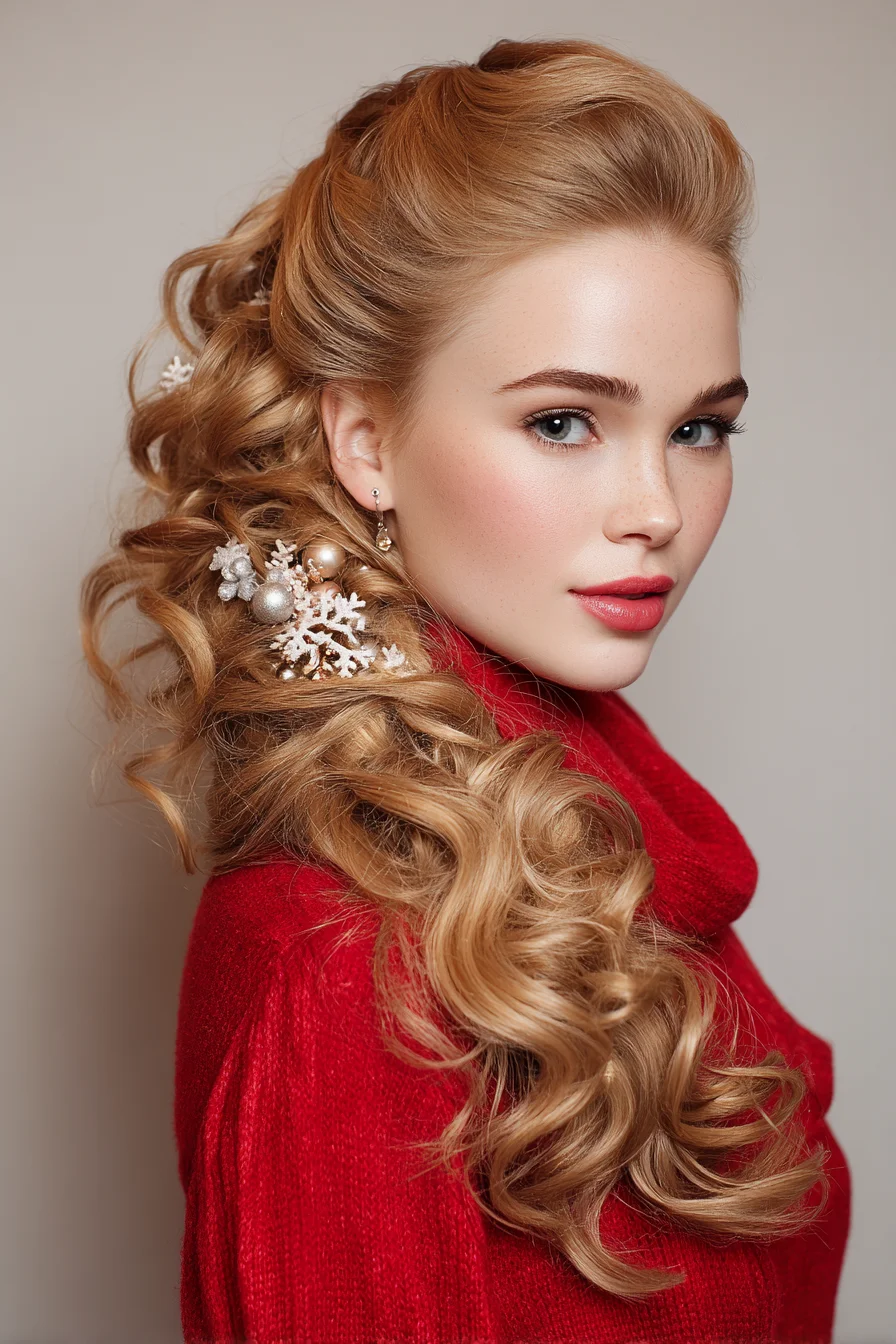 Voluminous Half-Up Curls with Festive Hair Ornaments
