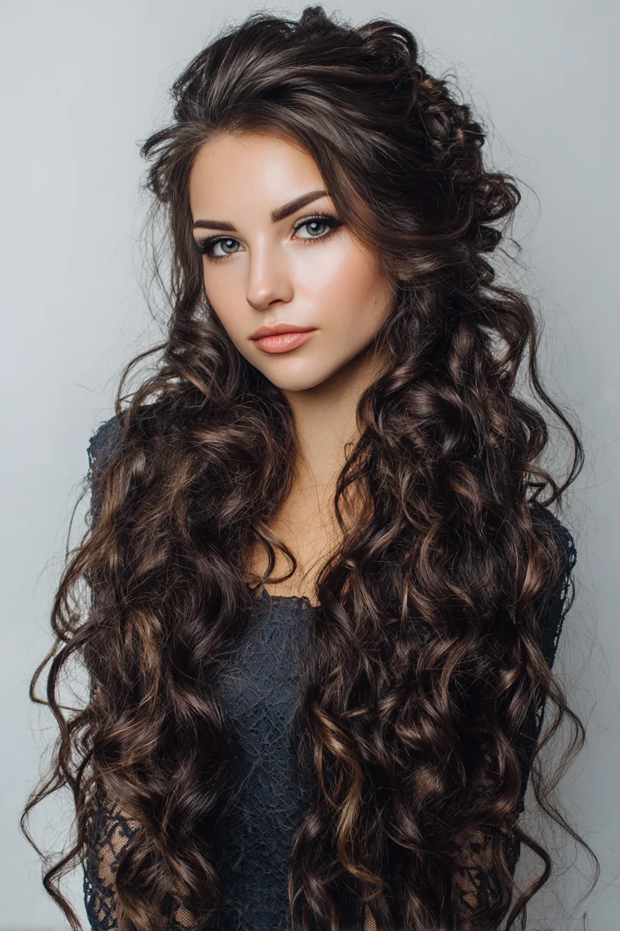 Voluminous Half-Up Long Curls with Textured Crown