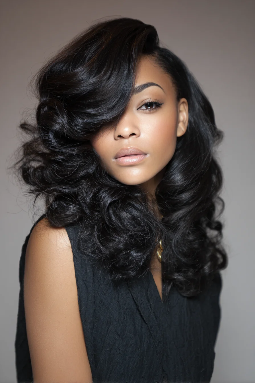 Voluminous Layered Blowout with Deep Side Part and Large Barrel Curls