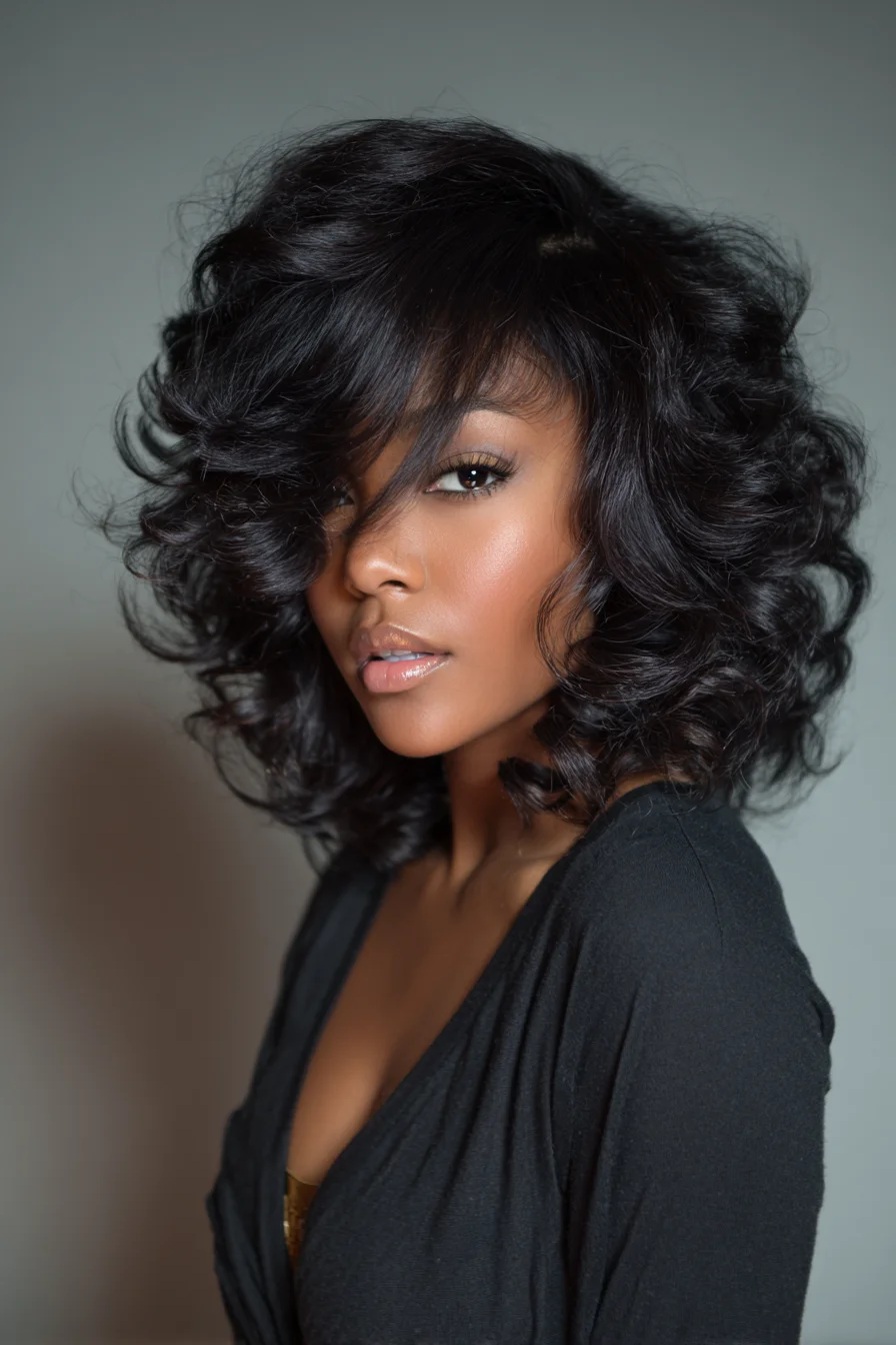 Voluminous Layered Bob with Soft Curls and Side-Swept Fringe