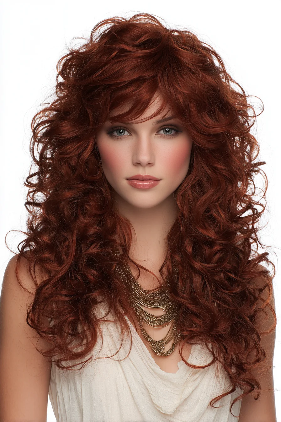 Voluminous Layered Copper Curls with Wispy Fringe
