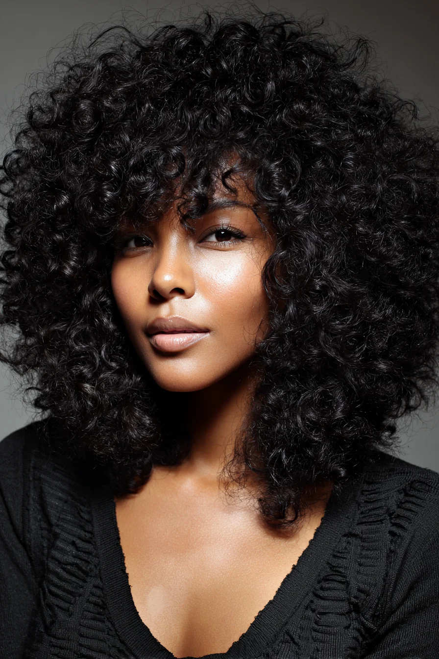 Voluminous Layered Natural Curls with Soft Curtain Bangs
