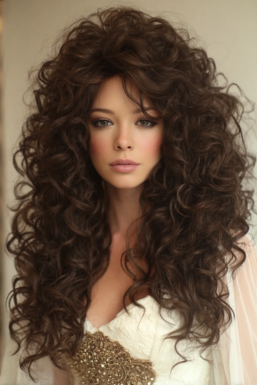 Voluminous Long Layered Curly Hair with Face‑Framing Fringe