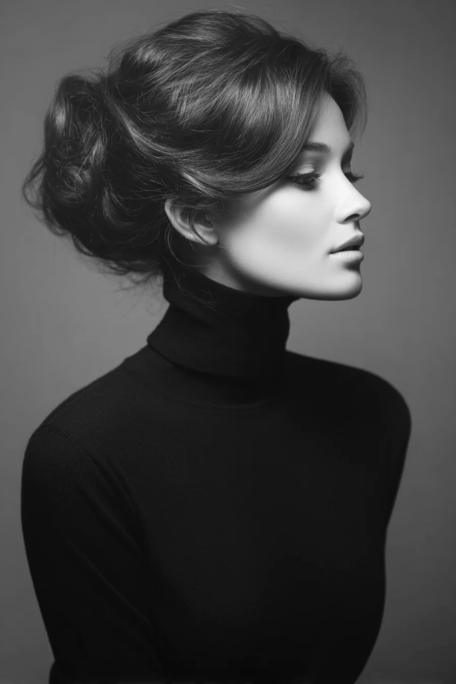 Voluminous Low Messy Bun with Side-Swept Fringe