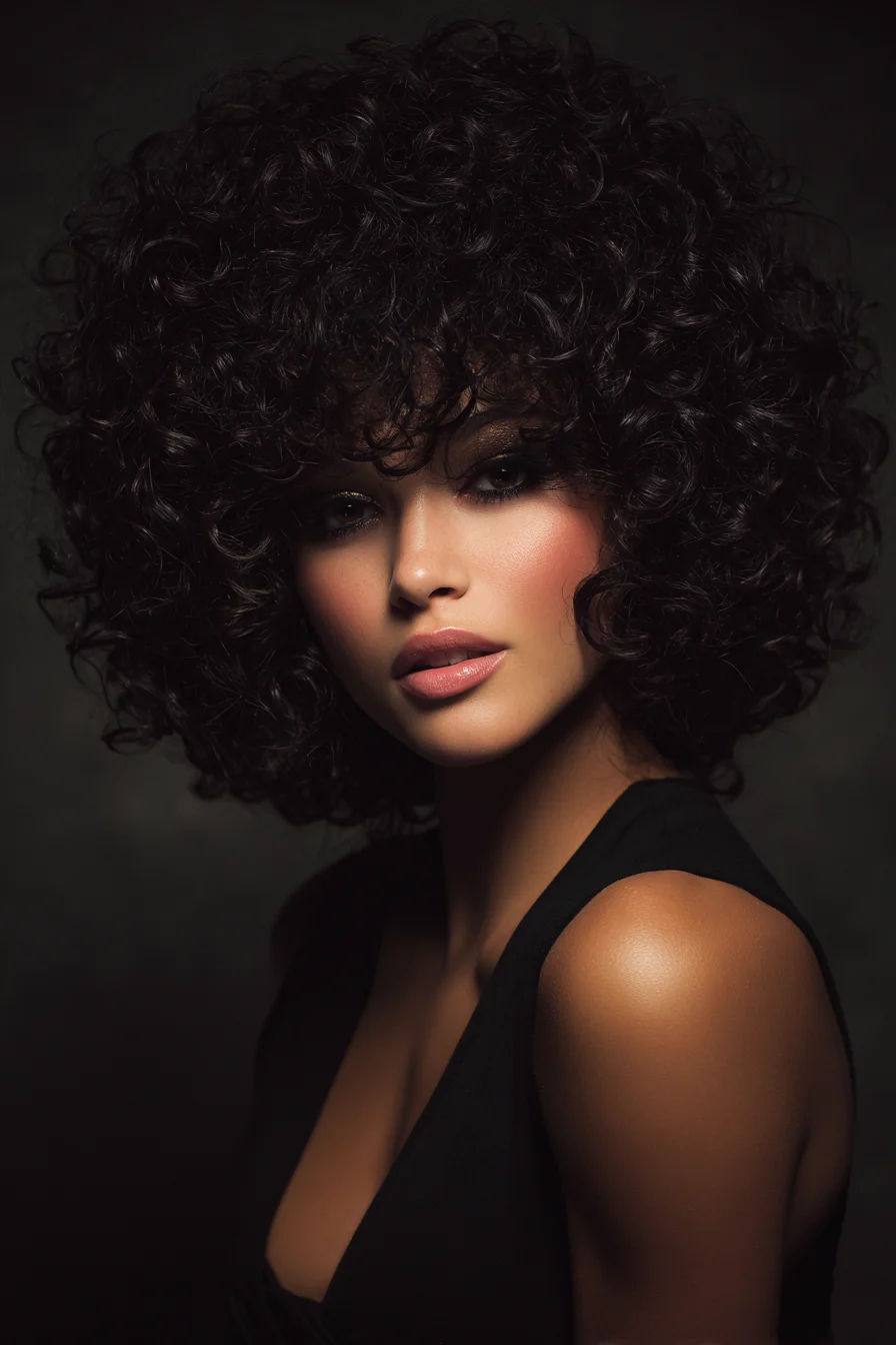 Voluminous Mid-Length Curly Afro with Soft Fringe