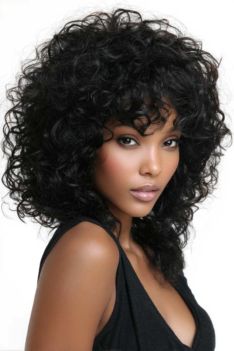 Voluminous Mid-Length Curly Shag with Soft Bangs