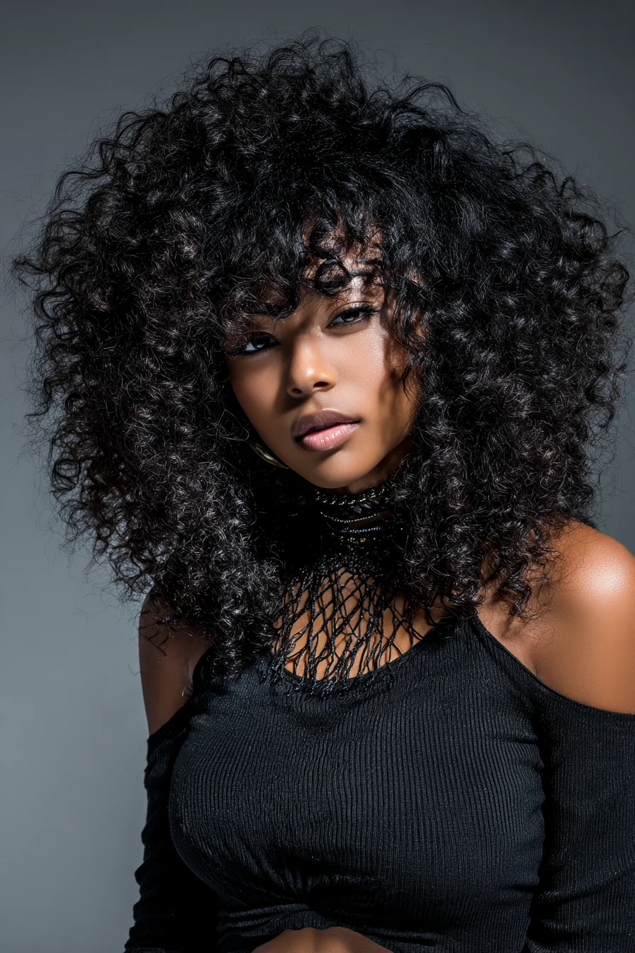 Voluminous Natural Curly Afro with Curly Fringe — 3B–4A Curl Cut