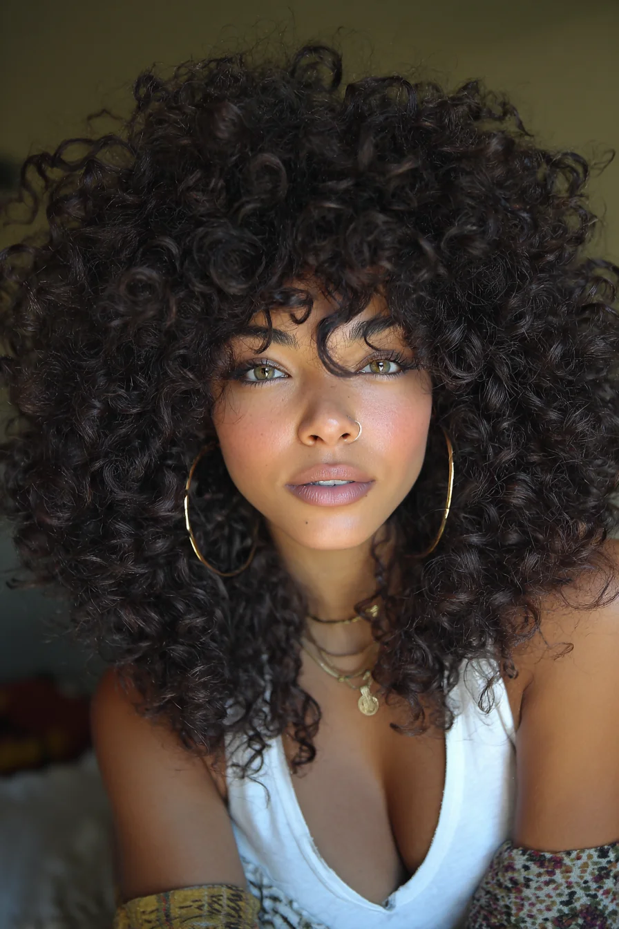 Voluminous Natural Curly Afro with Soft Curly Bangs