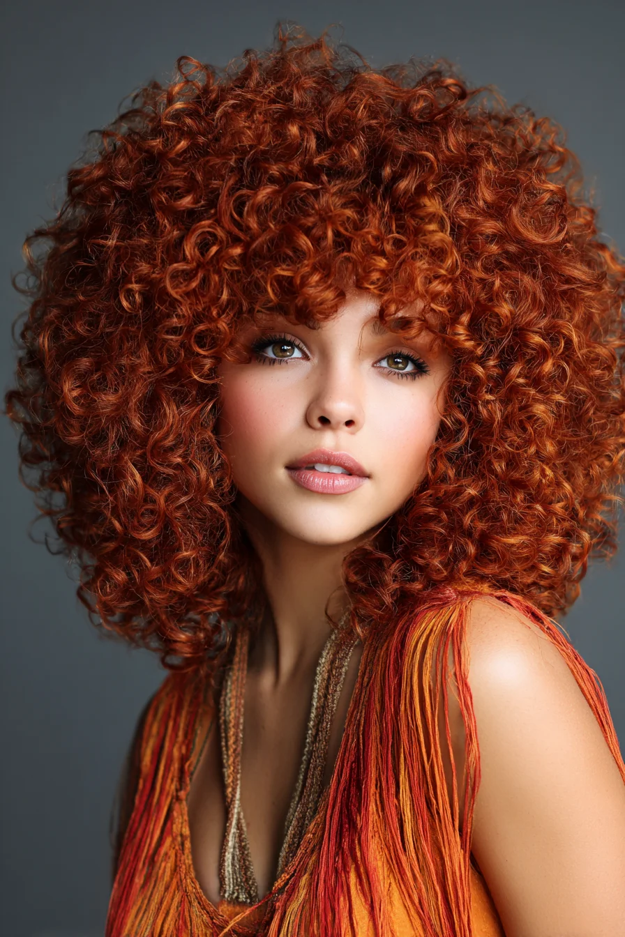 Voluminous Red Curly Afro with Soft Blunt Fringe