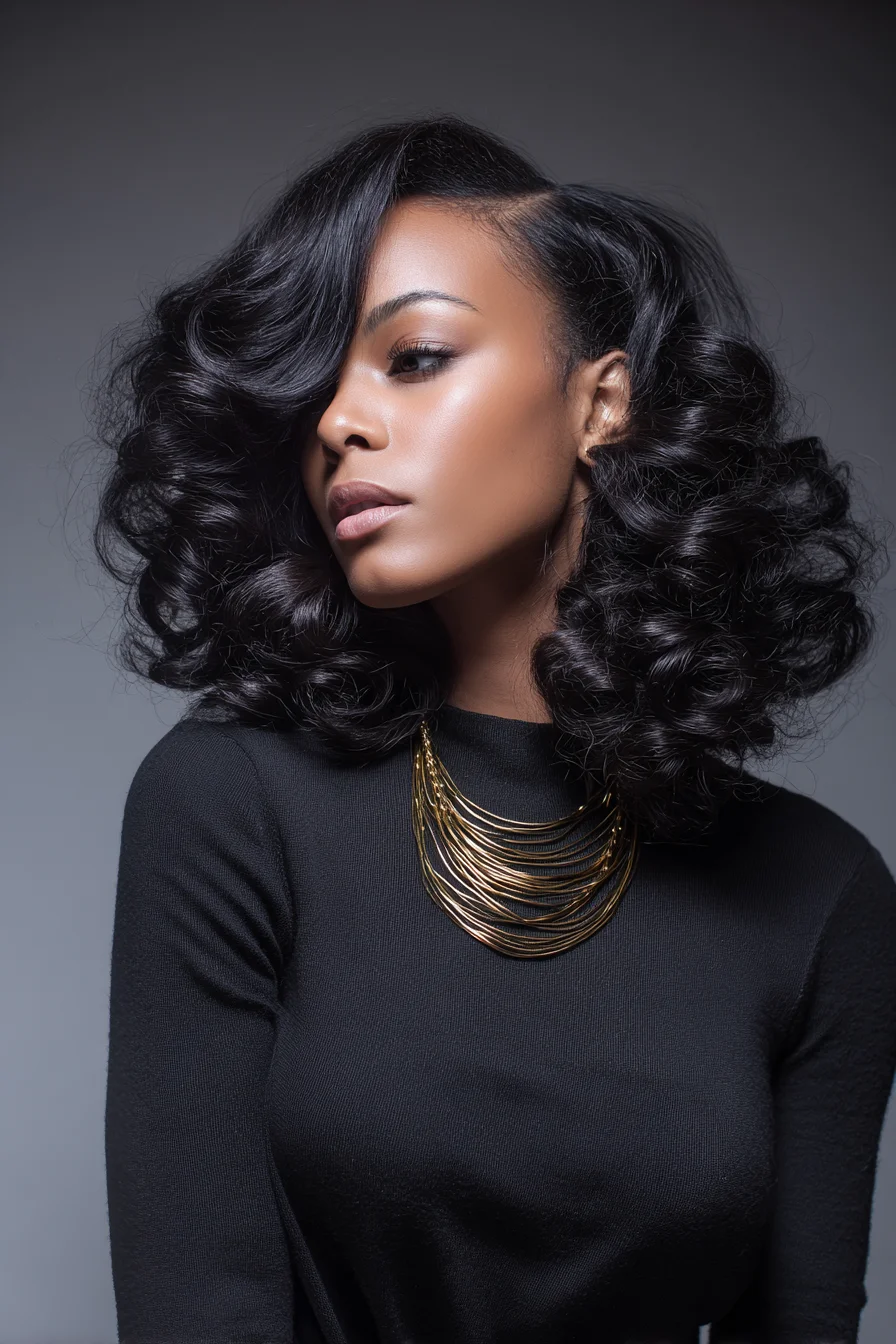 Voluminous Retro Glam Curls — Deep Side Part Large-Barrier Waves