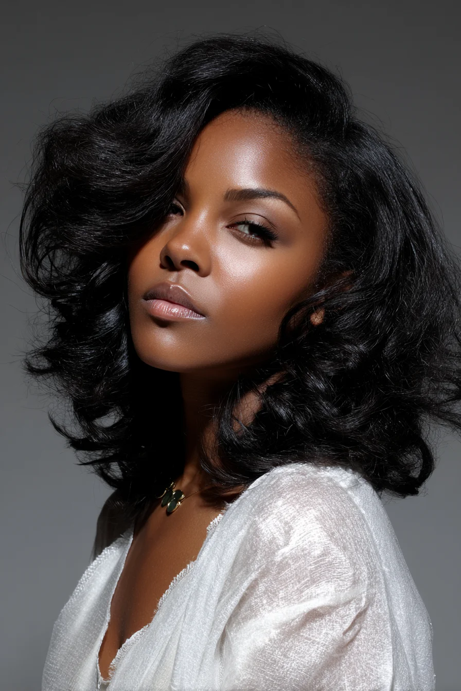 Voluminous Shoulder-Length Blowout with Soft, Glossy Curls