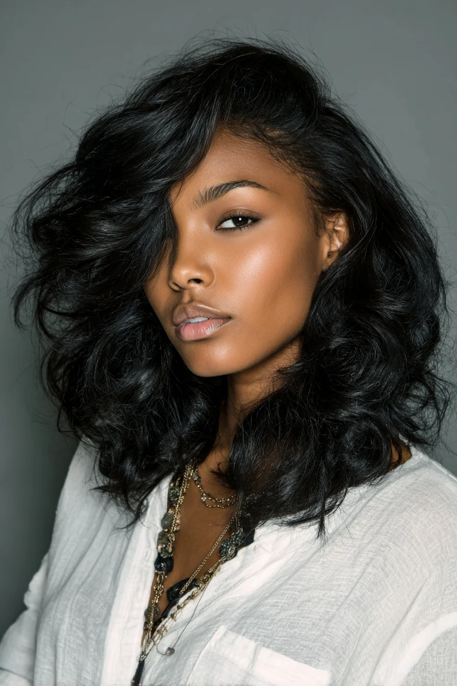 Voluminous Shoulder-Length Layered Blowout for Wavy to Curly Hair