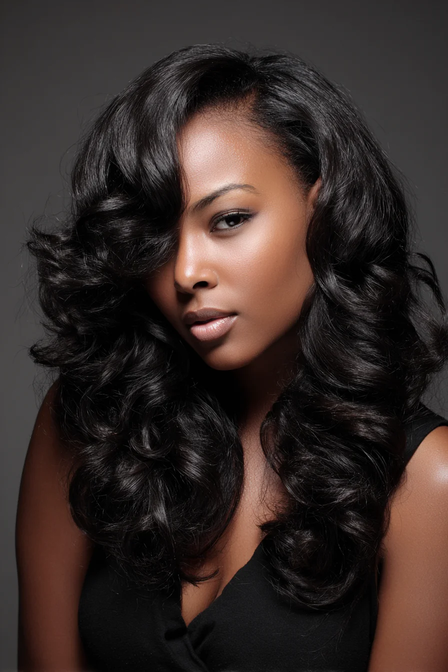 Voluminous Side-Part Blowout with Large Barrel Curls and Side-Swept Fringe