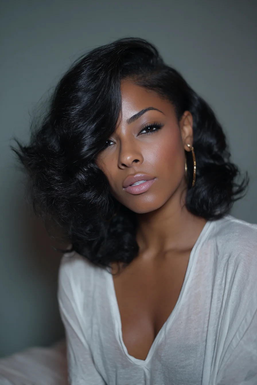 Voluminous Side‑Swept Retro Waves — Shoulder‑Length Glam for Natural Textures